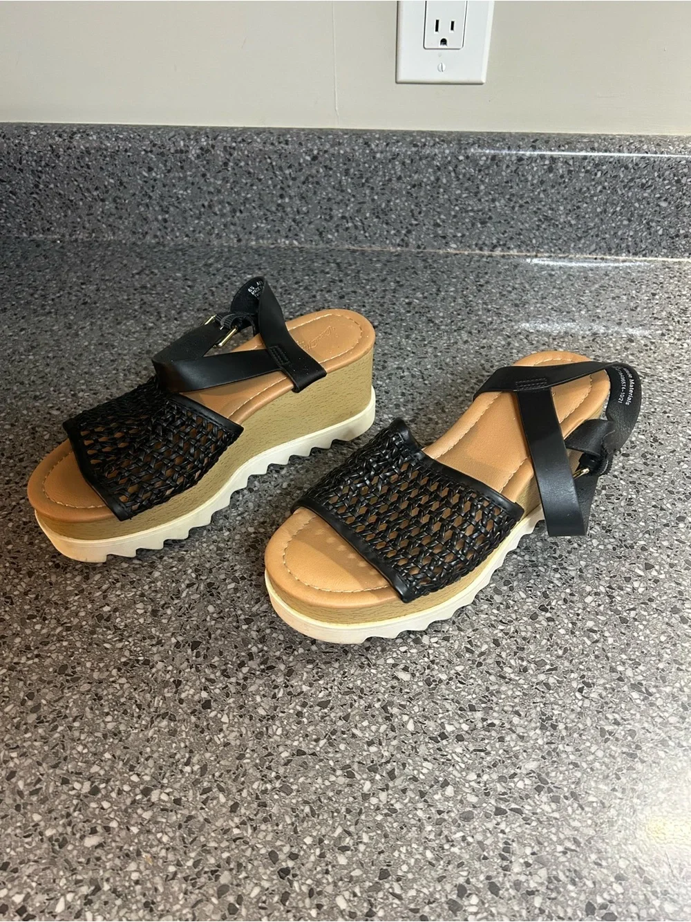 Universal Thread Black Woven Platform Wedges with Tan Footbed